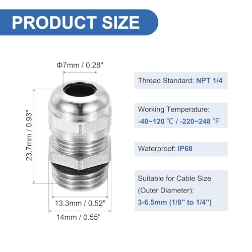 PATIKIL Waterproof Electrical Cable Glands, NPT 1/4 4 Pcs 1/8" to 1/4" Nickel-Plated Brass Cord Grip Electric Wire Connector Wire Protector for Outdoor Cable Box Enclosure Junction Box - size: NPT 1/4 1/8" to 1/4"