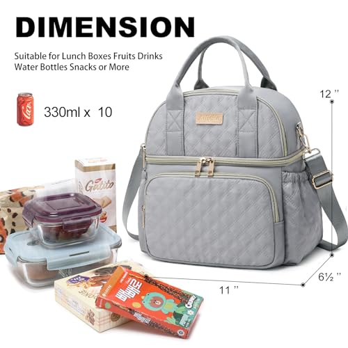 AIJIEKE Large Insulated Lunch Bag for Women, Double Compartment Leakproof Lunch Box for Work Office, Reusable Cooler Tote with Adjustable Strap & Side Pockets for Adults Picnic Beach, Grey - color: Gray