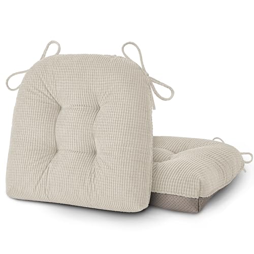 OVOV Dining Chair Cushions Set of 2 Soft Non-Slip Kitchen Chair Pads Tufted Seat Cushion with Ties for Kitchen Dining Room(18" x 16.5" x 3" Beige) - color: Beige