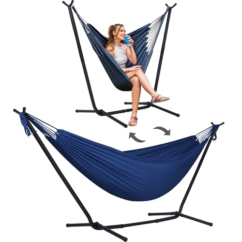 SUNCREAT 2-in-1 Convertible Backyard Fabric Hammock with Stand, Large Hammocks for Outside, Dark Blue - color: A-dark Blue