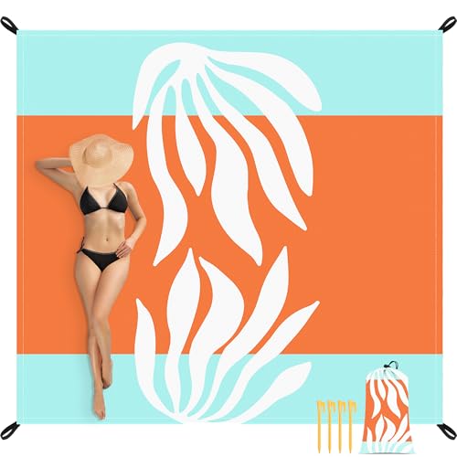 Beach Blanket Waterproof Sandproof Oversized, 9 Ft X 10 Ft Extra Large Sand Free Beach Mat with 4 Stakes, Compact Outdoor Essentials with Storage Bag for Beach, Picnic, Camping, Travel - color: Coral Blue, size: 9x10 FT (1～8 person)