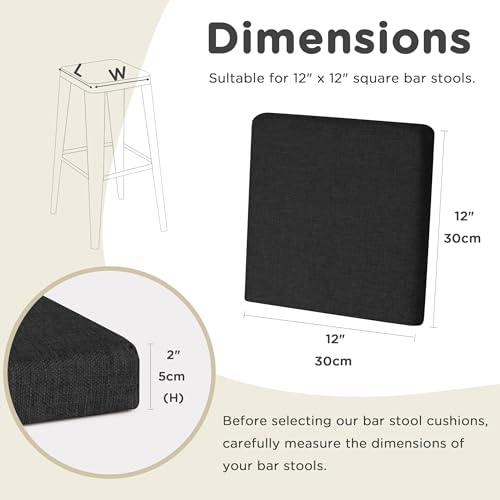 AddGrace Anti-Slip Bar Stool Cushions Square Bar Stool Seat Cushions with Ties Set of 4 Small Square Chair Pads with Machine Washable Cover 12"X12"X2" (Black) - color: Black