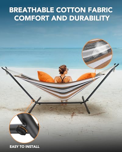 Everyfun Double Hammock with Space-Saving Steel Stand, 2 Person Heavy-Duty Hammock for Garden, Yard or Outdoor, 600lbs Capacity, Coffee - color: Dc-coffee