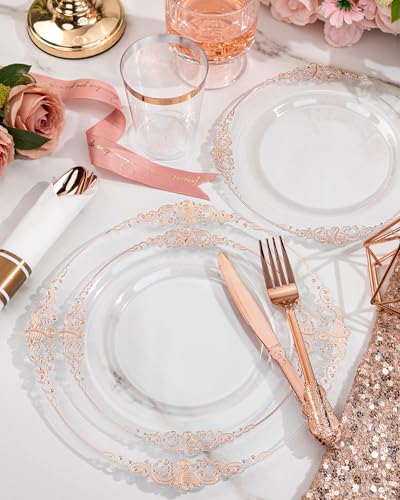 Nervure 350PCS Rose Gold Plastic Plates - Rose Gold Plastic Dinnerware Sets for 50 Guests - 100 Disposable Plates, 150 Silverware, 50 Cups, 50 Napkins Perfect for Wedding & Party & Mothers Day - color: White and Rose Gold