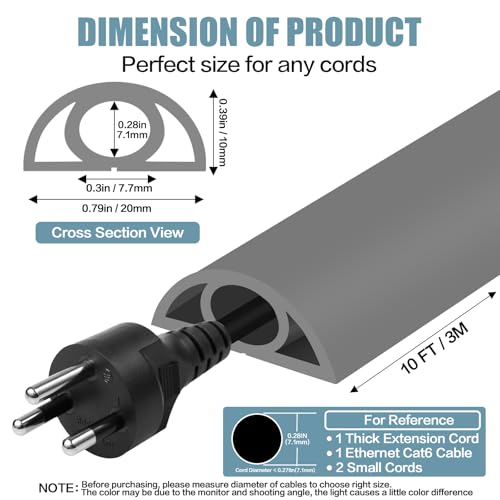 Floor Cord Cover Self Adhesive Cord Hider,10FT Cable Management, Extension Strip Protector for Wires, Prevent Cable Trips for Offices, Gyms, Exhibitions Cavity:0.3"(W) x 0.28"(H) Gray - color: Gray, size: 0.78" x 10'