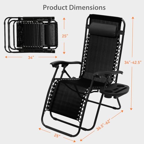 OS MOTOR Zero Gravity Chairs, Portable Folding Reclining Lounge Chairs with Adjustable Pillow and Cup Holder Trays for Outdoor, Patio, Beach, Camping, Garden, Poolside, Set of 2 Black - color: Black