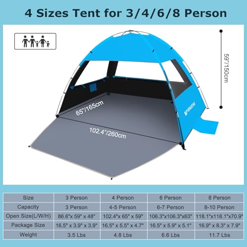 Venustas Beach Tent Sun Shelter for 3/4/6/8 Person, UPF 50+ UV Protection Beach Canopy, Lightweight and Easy Setup Cabana, Portable Shade Tent - color: Dark Shelter-Sky Blue, size: 4 Person