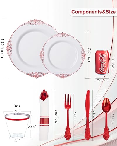 Nervure 350PCS Red Plastic Plates - White Red Plastic Dinnerware Set for 50 Guests - 100 Red Disposable Plates, 50 Pre Rolled Cutlery Set, 50 Cups Perfect for Wedding & Party & Mothers Day - color: White and Red