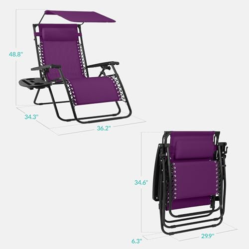Best Choice Products 30” Wide Folding Zero Gravity Outdoor Recliner Patio Lounge Chair w/Adjustable Canopy Shade, Headrest, Side Accessory Tray - Amethyst Purple - color: Amethyst Purple, size: Oversized Extra Wide