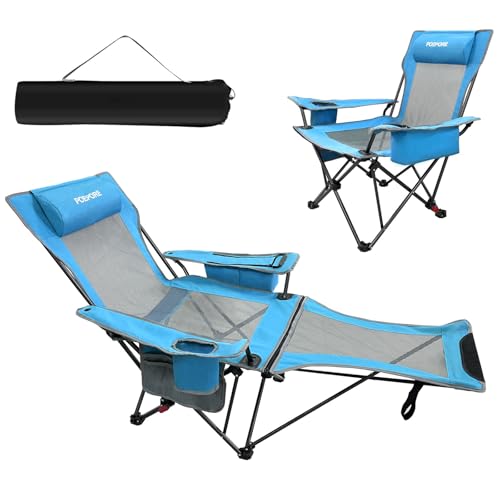 Reclining Camping Chair 4 Position with Foot Rest Comfortable for Adults 265Ibs Folding Lounger Mesh Beach Chair with Cooler Bag and Cup Holder for Outdoor Patio - color: Blue, style: Single - No Cotton Pad