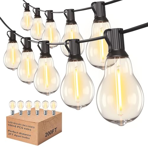 200FT Outdoor Lights with 106 Shatterproof Bulbs(6 Spare), IP45 Waterproof Outside String Lights, Patio String Lights Hanging for Party, Yard, Porch, Bistro, 2200K Adjustable Warm White Light - color: Black, size: 200FT