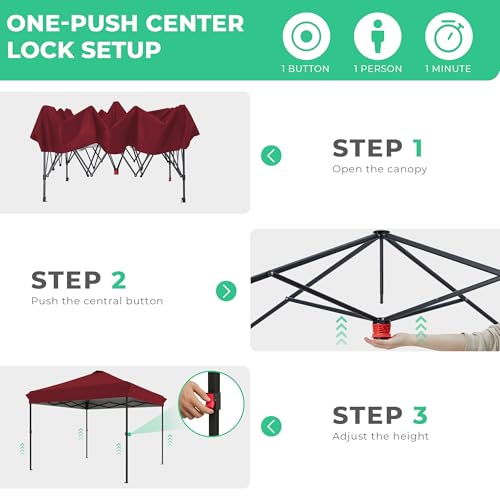 JEAREY 10x10 Pop Up Canopy Tent, Heavy Duty Outdoor Canopy with 1-Push Instant Setup, Commercial Tent with Roller Bag, 4 Sandbags and 8 Stakes, Water-Resistant, Red - color: Red