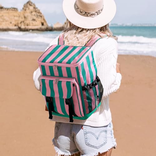 DYSHAYEN Cooler Backpack,Lightweight Backpack Cooler Insulated Leak Proof,30 Cans Soft Cooler Bag for Beach,Camping,Beach,Picnic,Lunch - color: Green and Pink Stripe
