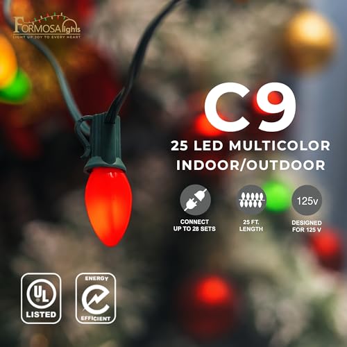 C9 26ft Indoor/Outdoor Opaque Multi-Color LED Christmas String Lights with 25 Bulbs and E17 Base | 120V, 0.6W - style: Opaque Multicolor LED