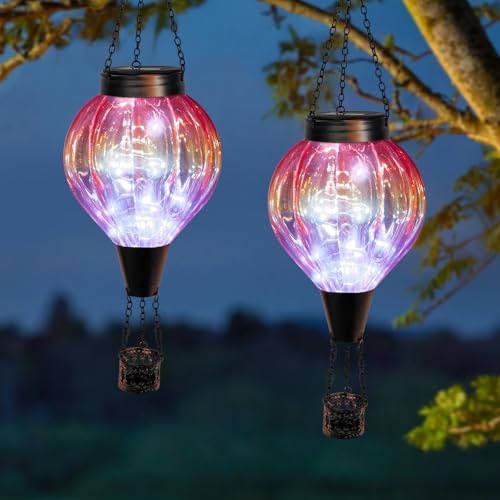 2PC Hot Air Balloon Solar Lantern Outdoor Waterproof, Gradient Orange Glass Balloon Lantern Lights, Hanging Solar Lights for Outside Patio Garden Tree Porch Yard Gift for Women Mom - color: 2PCS-Orange