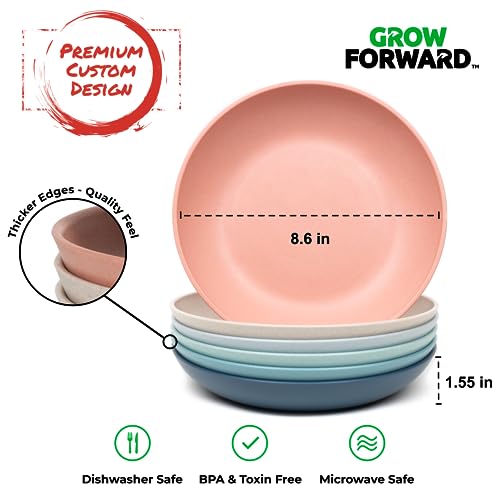 Grow Forward Premium Wheat Straw Pasta Bowls - 30oz Unbreakable Wide & Shallow Dinner Plate Bowls Set of 6 - Microwave Safe Reusable Plastic Pasta Bowls for Kids, Adults, Salad, Camping, RV - Tropical - color: Tropical, size: 30oz