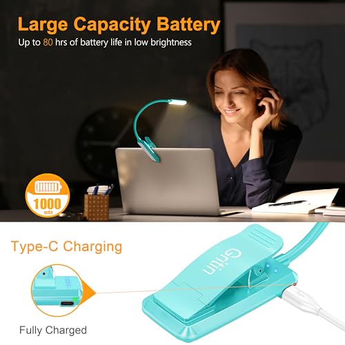 Gritin 9 LED Rechargeable Book Light for Reading in Bed - Eye Caring 3 Color Temperatures,Stepless Dimming Brightness,80 Hrs Runtime Small Lightweight Clip On Book Reading Light for Studying -Blue - color: Blue