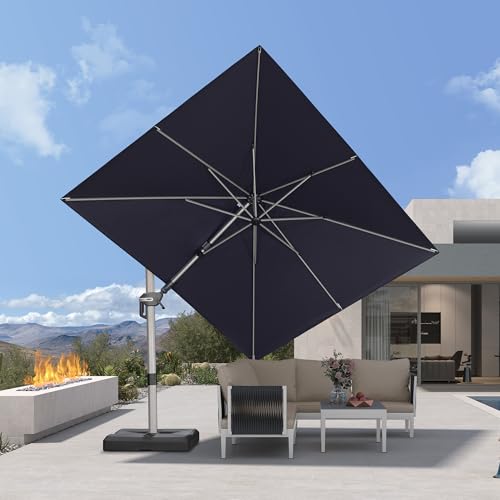 PURPLE LEAF 8' X 10' Left-right Tilting Patio Umbrella Outdoor Swivel Cantilever Umbrella Aluminum Offset Umbrella with Champagne Frame and 360-degree Rotation for Garden Deck Pool, Navy Blue - color: Navy Blue, size: 8' x 10'(Tilt)