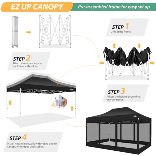 COBIZI 10x15 Heavy Duty Pop up Canopy with 4 Sidewalls, Canopy Tent with Mosquito Netting, Easy up Screen Party Tents for Parties Wedding Patio Backyard Commercial Gazebo with Handbag, Black - color: Black, size: 10x15ft(standard)