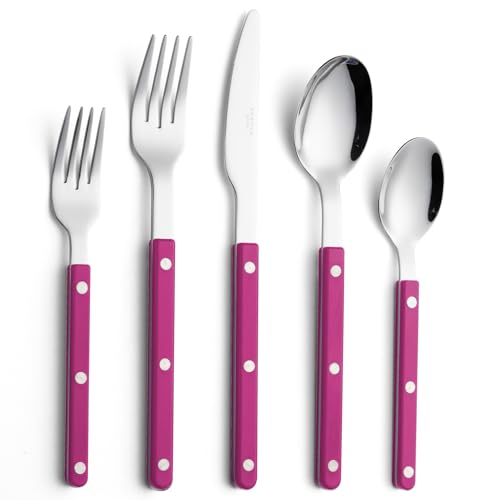 ANNOVA Silverware Set, Retro/Rivet Colorful Stainless Steel Tableware Kitchen Flatware Set Utensils, Includes Dinner Knives, Forks, Spoons, Salad Forks & Dessert Spoons (Pink, 10 Pieces) - color: Pink