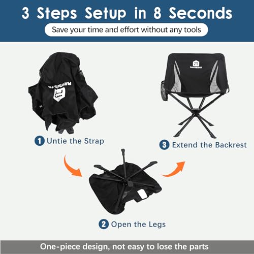 Raynesys Portable Camping Chair 2 Pack, 8 Seconds Quick Setup Folding Camping Chair, Flexible 360° Rotation, 3.8Lb Lightweight Travel Chairs for Easy Carry to Hiking, Sporting, Travel, Beach - color: Black, size: 2 Pack