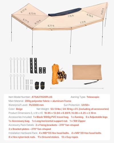 VEVOR 270 Degree Awning, 133 sq.ft Driver Side Vehicle Awning, Waterproof UV50+ Car Side Awnings with Carry Bag, All-Weather Free-Standing Overland Awnings Car Shelter for SUV Van Truck Camping - color: Khaki 270° 20*6.7ft Car Awning