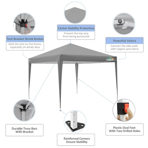 COBIZI 10x10 Pop Up Canopy Tent with 4 Sidewalls, Easy Set Up Canopy 10x10 Waterproof Commercial Outdoor Gazebo Portable Shelter Instant Tents for Parties,Backyard,Flea Market(Carrying Bag×1,Grey