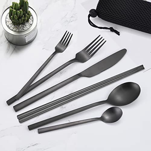 AARAINBOW 6 Pieces Stainless Steel Flatware Set Portable Reusable Cutlery Set Travel Utensils Set Including Chopsticks Knife Fork Spoon Straws Cleaning Brush Dishwasher Safe (B-Black) - color: B-Black