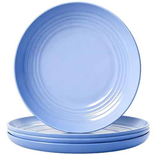 4 Pcs Unbreakable Wheat Straw Plates Set, 7.8 Inch Reusable Plastic Dinner Plates, Microwave Dishwasher Safe, Lightweight Plates for Kitchen Camping, BPA Free (Blue) - color: Blue