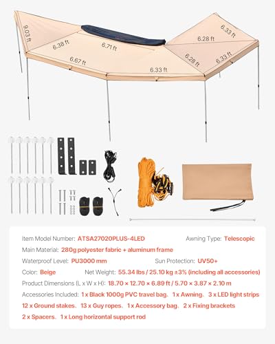 VEVOR 270 Degree Awning with Bulit-in LED Lights, 117 sq.ft Driver Side Vehicle Awning, Waterproof UV50+ Car Side Awnings, All-Weather Free-Standing Overland Awnings Car Shelter for SUV Truck Camping - color: Khaki 270° 18.7*6.4ft Car Awning with LED