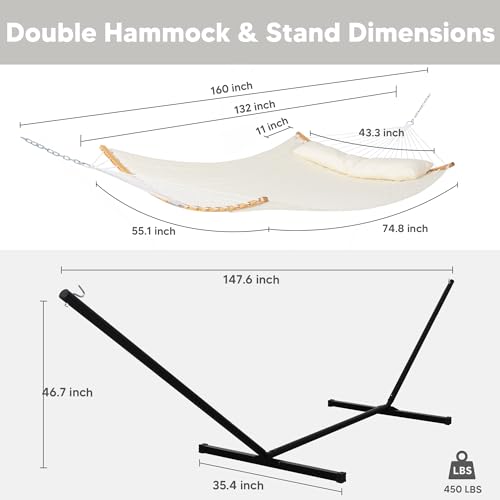 SUNCREAT Hammocks for Outside with Stand Included, Double Hammock with Curved Spreader Bar, Carrying Bag, Beige - color: Beige