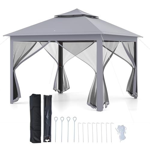 Goplus11 ft × 11 ft Pop up Gazebo, Portable Screen Canopy Shelter w/Mesh Netting Sidewalls, Vented Top, Drainage Holes, Heavy-Duty Height Adjustable Easy Setup Party Tent for Backyard - color: Gray