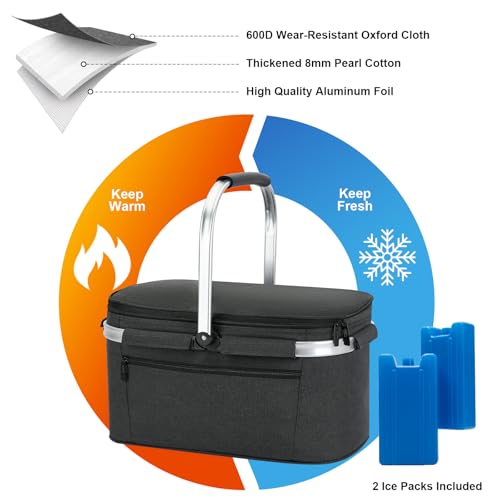 ALLCAMP Picnic Basket - 2 Ice Box Included 32L Insulated Cooler, Thickening Foldable Picnic Basket with Removable Baskets & Sewn-in Frame, Basket for House Warming Gifts New Home(Black) - color: Black, size: Large