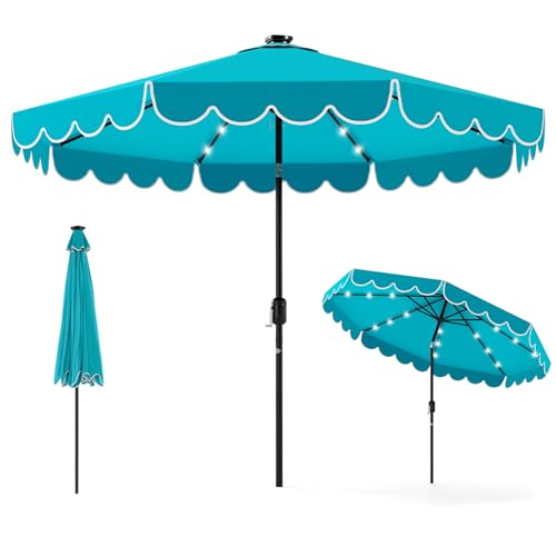 Tangkula 9 FT Solar Patio Umbrella, 2-Tiers Scalloped Outdoor Table Market Umbrella with 32 LED Lights, Vented Top, Tilt Adjustment, Crank, 8 Ribs for Backyard Poolside Deck Beach Lawn (Turquoise) - color: Turquoise, size: 9Ft