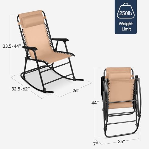 Best Choice Products Outdoor Zero Gravity Rocking Chair, Folding Reclining Patio Lounge Chair with Adjustable Pillow for Lawn, Beach, Camping - Beige - color: Beige
