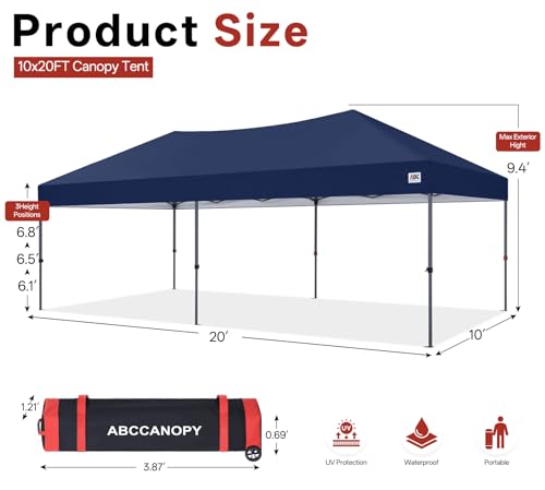 ABCCANOPY 10x20 Pop Up Canopy Tent, Easy Setup Instant Shelter with Wheeled Bag, Heavy Duty Outdoor Canopy for Beach, Market, Backyard, UV Protection, Outdoor Weather Protection (Navy Blue, 10x20) - color: Navy Blue, size: 10x20