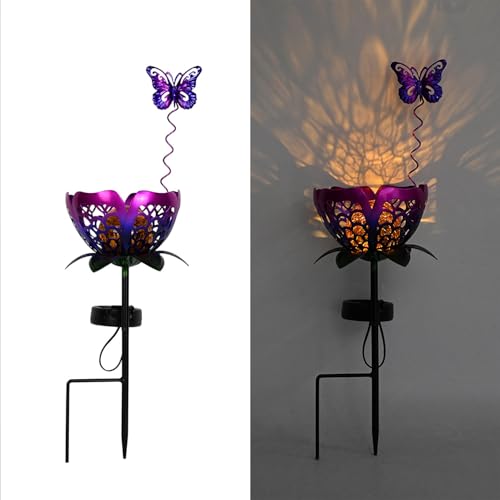 Solar Lights Outdoor Garden Decor, Metal Tulip & Butterfly Decoration Solar Lawn Lamp for Courtyard, Metal Flowers Outdoor Waterproof for Landscape Patio Yard Decor (Purple) - color: Purple