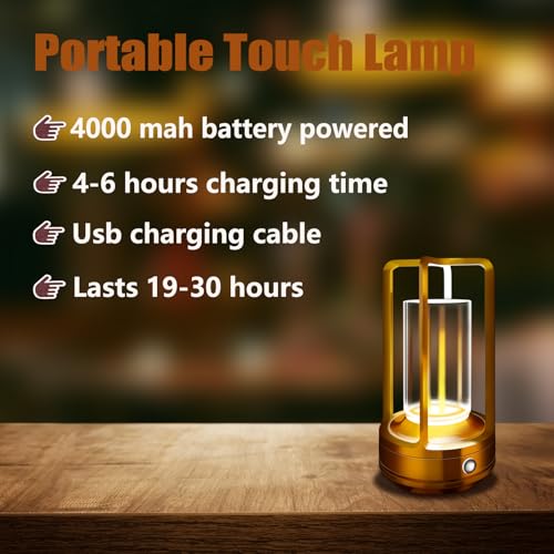Portable Metal Table Lamp, 4000 mAh Rechargeable Outdoor Table Lamp Cordless, 3 Color Stepless Dimmable Atmosphere Table Lamps for Patio, Camping, Coffee table decor lamp for Indoor/Outdoor - color: Gold