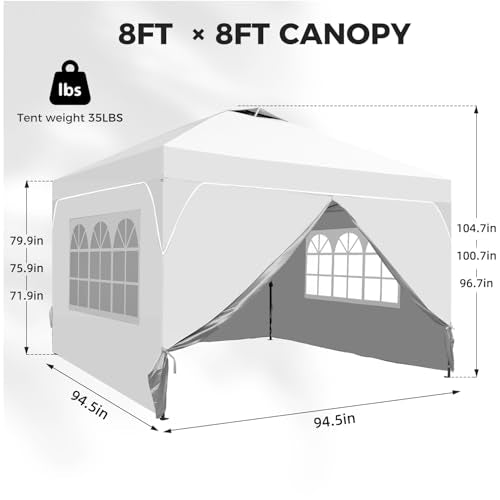 8x8 FT Pop Up Canopy with 1-Button Push, 4 Removable Sidewalls, Sandbags, Instant Canopy Tent for Outdoor Events - color: White, size: 8x8 with Sidewalls