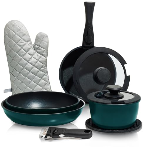 Moss & Stone Aluminum Pots And Pans Set Nonstick, Removable Handle Cookware, Stackable , Dishwasher Safe, Induction Camping Cookware Set. (10 Pieces Blue) - size: 10 Pcs Blue