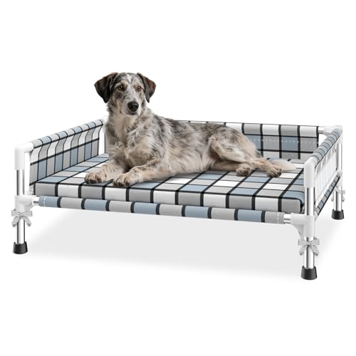 Elevated Raised Outdoor Dog Bed - Cooling Washable Dog Cot with Guardrail, Durable & Breathable Cotton Mesh Pet Hammock Beds with Stainless Steel Pipe Frame for Small Pets (Cushion-M) - size: Cushion-M