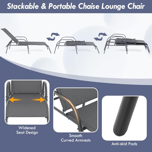 Giantex 2 Pack Patio Lounge Chair, Outdoor Chaise Lounge with 5 Adjustable Backrest, Sturdy Steel Frame, Sunbathing Recliner, Tanning Chair for Beach, Outside, Yard, Balcony, Pool Chairs (2,Dark Gray) - color: Dark Gray