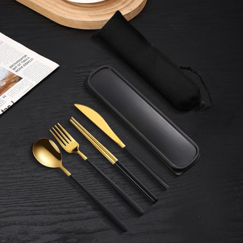 4 Pieces Utensils Set with Case, Portable Reusable Stainless Steel Cutlery Set, Chopsticks Knife Fork and Spoon Lunch Utensils Set for Travel