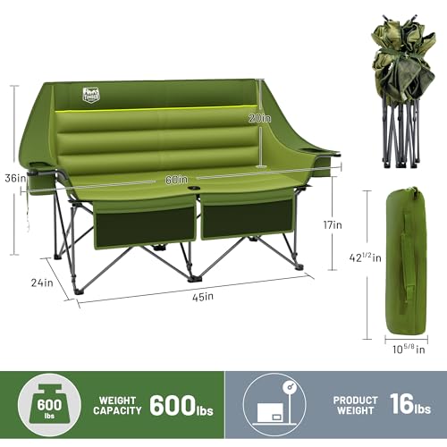 Timber Ridge Double Camping Chair, Heavy Duty Outdoor Folding Camp Couch, Loveseat Camping Chairs Perfect for Campsites, Patio/Lawn, Soccer Games or Other Youth Sports, Supports 600 lbs - color: Loveseat Green
