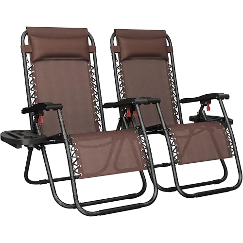 Yaheetech 26" Zero Gravity Recliners Outdoor Adjustable Folding Reclining Lounge Chairs w/Pillows, Cup Holder Trays and Carry Strap for Patio Backyard Beach Brown Set of 2 - color: Brown