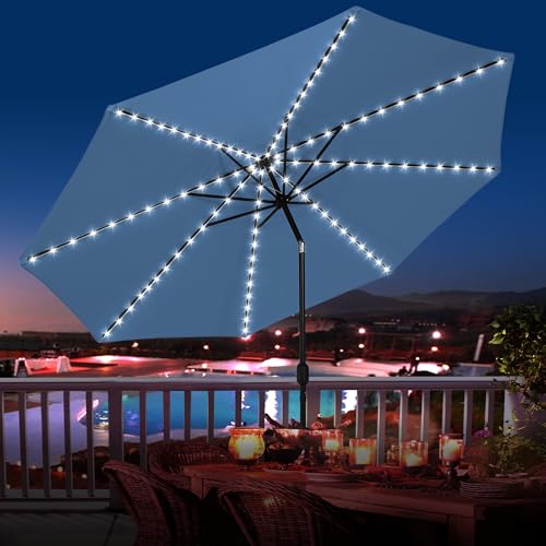 Sundale Outdoor Olefin 5-Year-Non-Fading Solar 104 LED 11FT Solar Patio Umbrella with Sand Bag Base, Outdoor Umbrella with Tilt and Crank, Navy - color: Navy Blue, size: 11FT