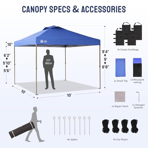 CROWN SHADES Gazebo 10x10 Pop Up Canopy with Mosquito Netting, Screen Tent with 4 Ropes, 8 Stakes, 4 Sandbags and Wheeled Storage Bag, Canopy for Patio & Backyard Parties,Camping&Events -(Blue) - color: Blue, size: 10x10