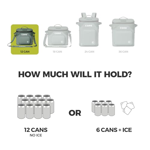 CORE Magnetic Leak Proof Soft Cooler with Waterproof Zipper | Insulated Bag Portable Ice Chest Box | Best Soft Cooler for Food & Beverages for Tailgating, Car Camping, Travel, and Family Beach Picnics - color: Sage, size: 12 Can