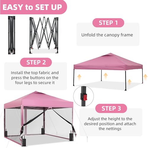 GDY 10x10 Pop up Canopy Tent with Mosquito Netting, Easy up Gazebo for Patio, Camping and Garden, Includes 4 Sandbags, Pink - color: Pink, size: 10x10 with Mosquito Netting
