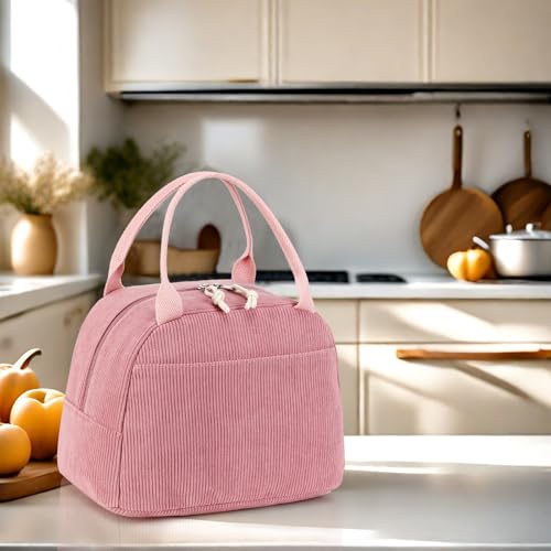 LEDAOU Lunch Box for Women Insulated Lunch Bag Corduroy Lunch Tote Bags Leakproof Cooler Lunch Case for Travel Work Picnic - color: Corduroy Solid Pink